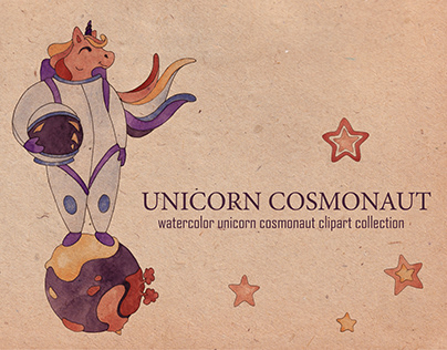 Watercolor Unicorn Cosmonaut clipart collection