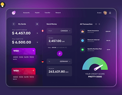 Dark theme bank dashboard: Send money, manage cards