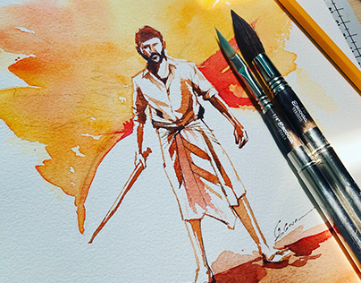 Watercolor sketch - actor Dhanush from the movie KARNAN