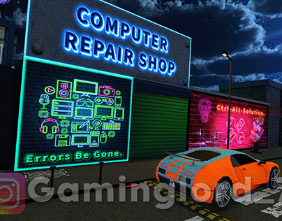 Computer Repair Shop 3D Neon Environment.