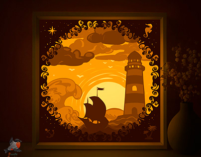 Sea Lighthouse Lightbox paper cutting template