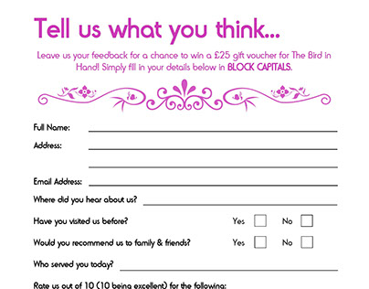 The Bird in Hand Comment Card Designs