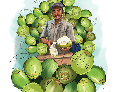 Illustration of tender coconut seller