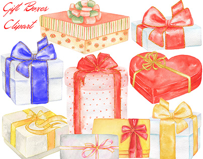 Gift Boxes with Ribbons, Watercolor Clipart