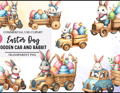 Watercolor easter day wooden car rabbit Clipart