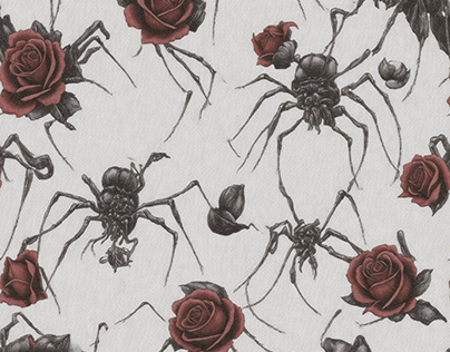 Red Roses and Spiders Seamless Pattern