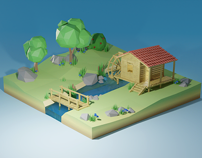 Water Mill Low Poly Landscape