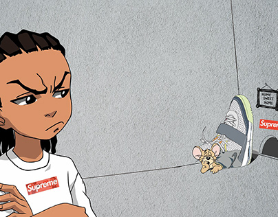 Riley From the Boondocks Watching a mouse on his yeezy