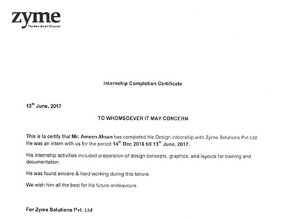 Zyme - Internship Certificate