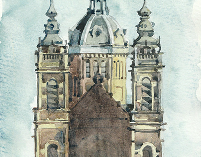 Basilica in Amsterdam. Watercolor sketch.