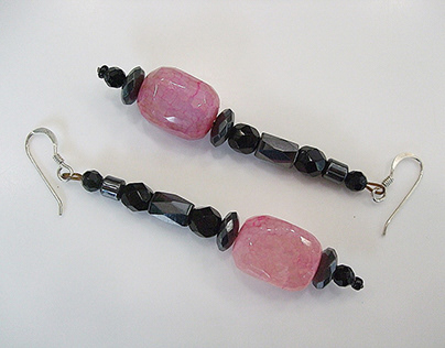 925 silver, pink agate, hematite, crystal earrings