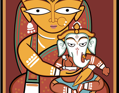 Vector art illustration of Parvati and Ganesha