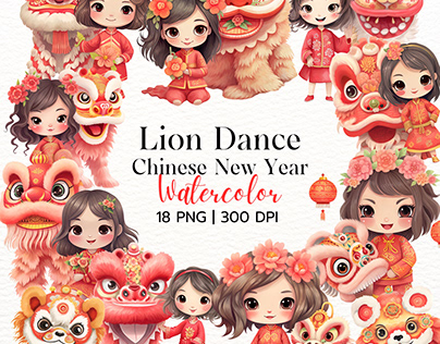 Cute Girl Lion Dance, Chinese New Year Watercolor