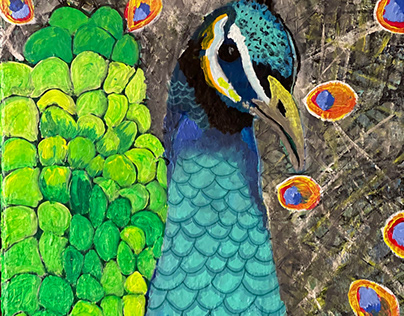 Acrylic paint, pride, cocky, exaggerated, peacock