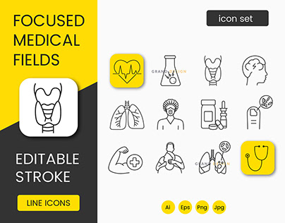 Focused medical fields, medical professions icons set