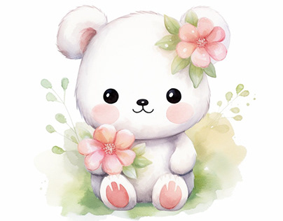 Cute Little Bear and Spring Flower