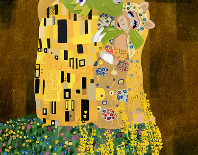Miss Piggy and Kermit painted as "the kiss" by Klimt
