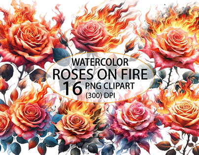 Watercolor Roses on Fire Clipart