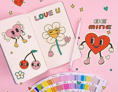 Y2K love stickers set.Retro cartoon Valentines day