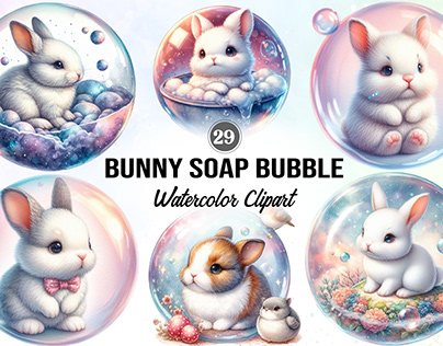 Bunny Soap Bubble Watercolor Clipart