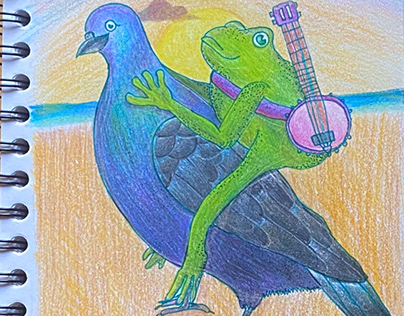 banjo frog riding pigeon at sunset
