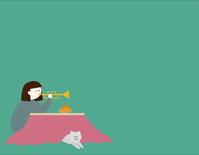 A girl playing trumpet in a KOTATSU