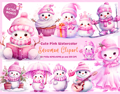 Cute Pink Watercolor Snowman Clipart bundle PNG
