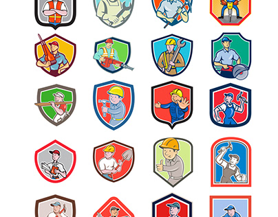 Construction Worker Icon Shield Set