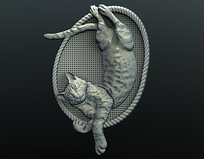 Cat lying in a basket 3D bas relief for CNC carving