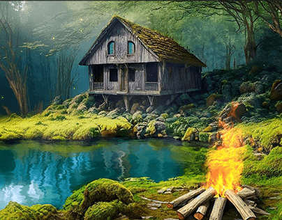 House in forest and lake with blazing bonfire