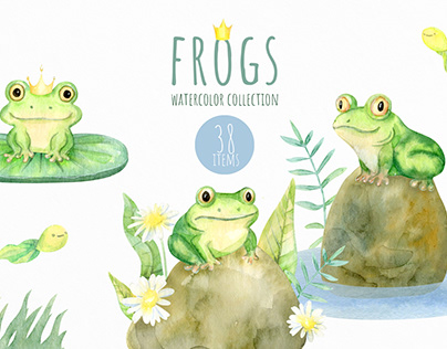 Watercolor Frogs Clipart PNG