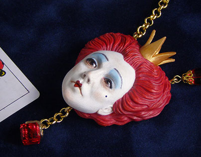 Queen of Hearts, Polymer Clay Necklace, Handmade