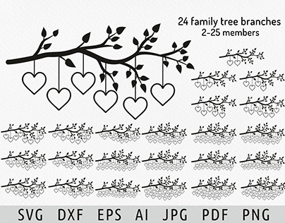 24 vector family tree branches with hearts