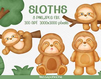 Watercolor cute sloth clipart