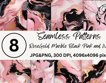 Seamless Patterns RoseGold Marble Black Pink and White