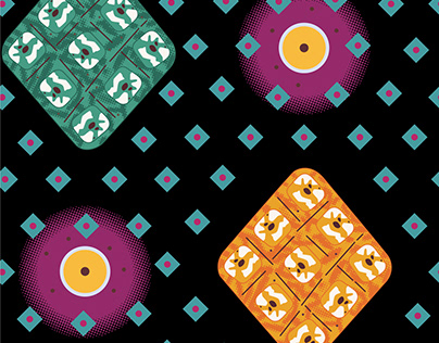 A colorful squares and dots on a black background