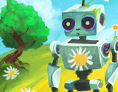 A robot in a field of daisies