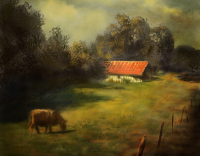 Landscape with cow and barn.