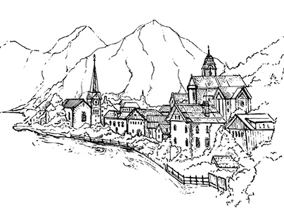 Hallstatt mountain village.Austria.Alps.Sketch