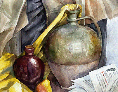 Still life with jug and pear. Watercolor