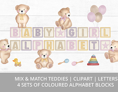 Baby Girl Teddy Bear Clipart & Name Alphabet Letters