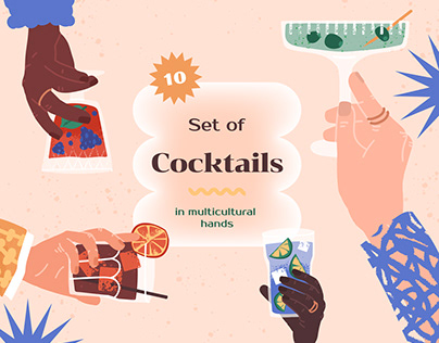 Set of cocktails in multicultural hands