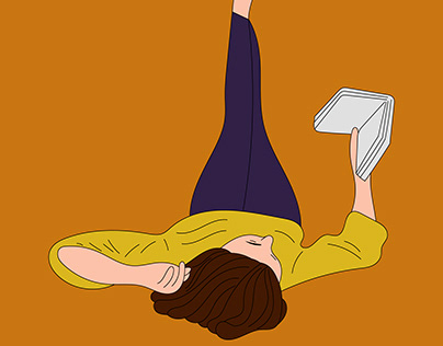 The girl is lying on her back and reading a book