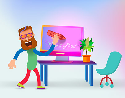 Funny cartoon bearded man draws on a computer