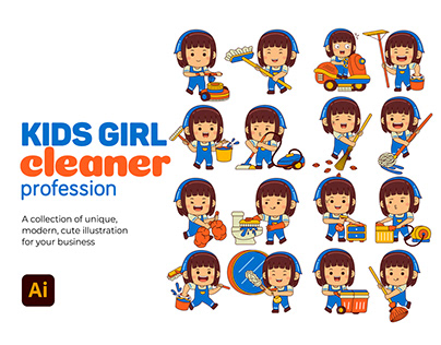 Kids Girl Cleaner Profession Vector Pack