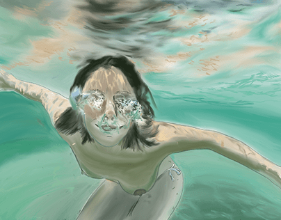 Digital illustration of a girl under water