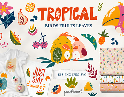 Tropical parrots, plants and fruits clip art