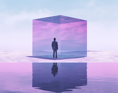 A man stands on a block of glass in water