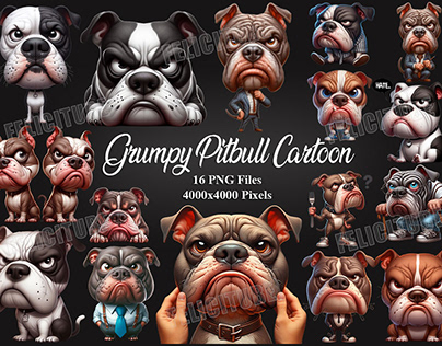 Grumpy Pitbull Dog Cartoon Pet Set PNG Files
