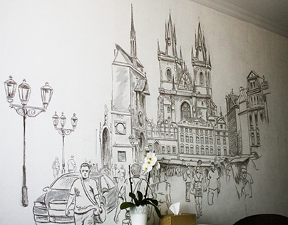Prague architecture drawing with markers on the wall.